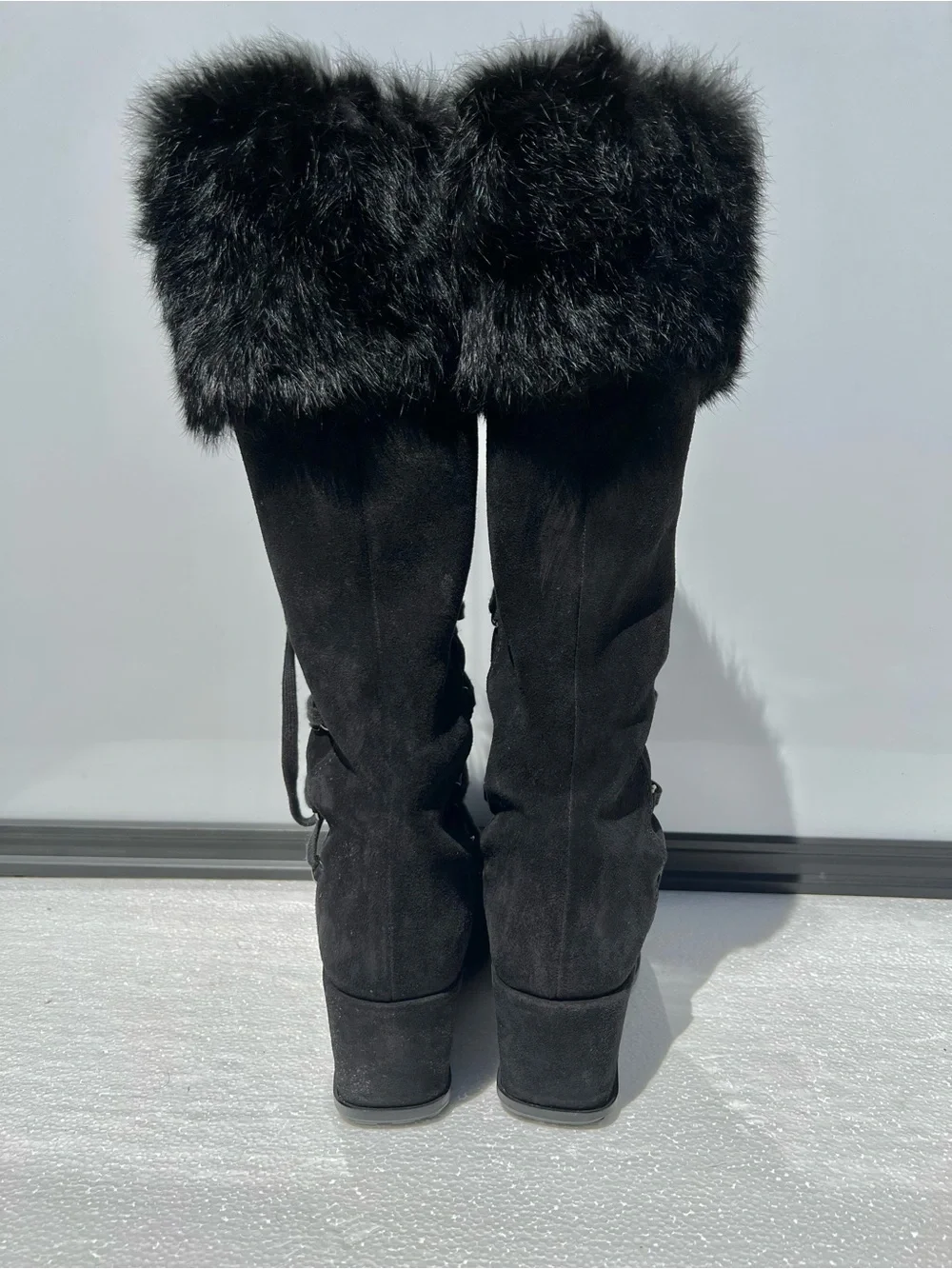 Stuart Weitzman Women's Black Suede Knee High Lace Up Fur Boots Platform 7.5